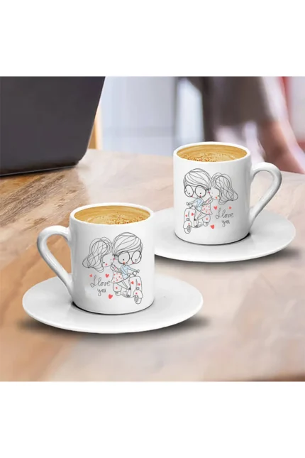 I Love You Motorlu Sevgili Temalı İkili Türk Kahvesi Fincan Takımı